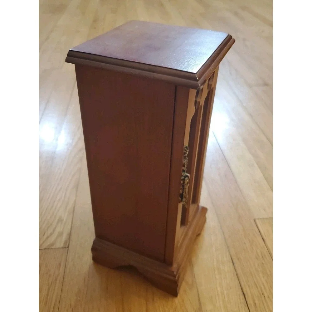 Vintage Standing Wood Jewelry Box with Mirror‎ & Turquoise Blue Interior